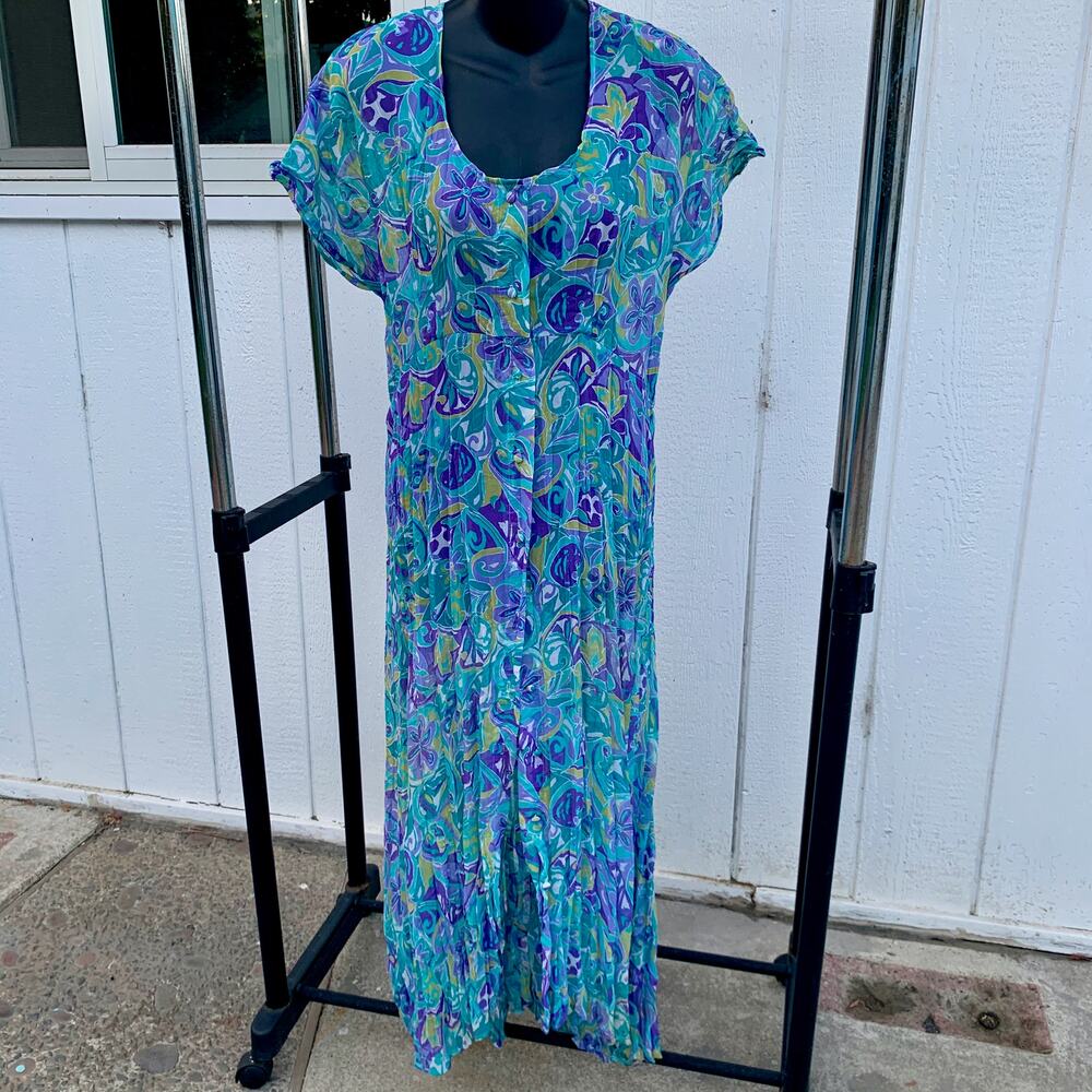 90's DOES 60's PSYCHEDELIC HIPPIE BOHO PRINT MAXIDRESS BUTTON UP TIE BACK OSFA